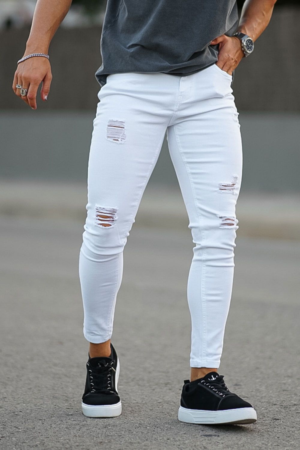 Men's White Ripped Skinny Jeans